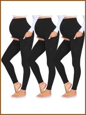 Maternity Leggings with Pockets Over Belly Yoga Pants 3 Pack